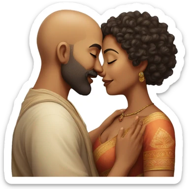 A indian race man with shaved head kissing a indian woman with curly hair short, Who embrace each other tenderly sticker