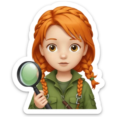 braid orange haired girl kid in moss green explorer outfit, holding magnifying glass sticker