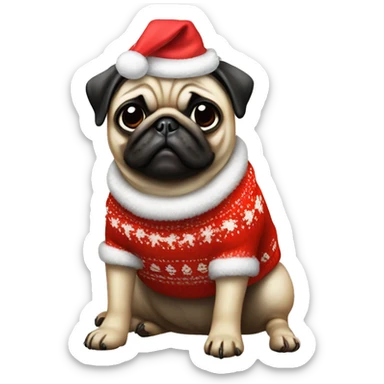 Pug with a red bow on its head and a Christmas sweater sticker