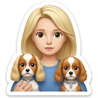 Make a picture of a mother, daughter and dog. Mother has short blonde hair. Daughter has long blonde hair. Dog is a King Charles Spaniel. sticker