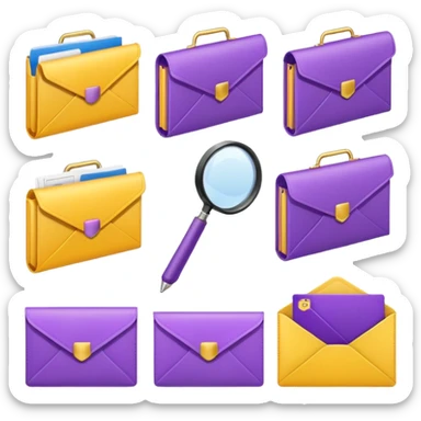 simple, minimalistic yellow (hex#FFD008) and purple (hex#8C52FF) icons of a pin, a working case, a folder, a magnifier, an email, an envelope. 6 icons in total sticker
