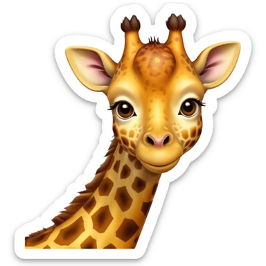 Cinematic Cute Giraffe Portrait Emoji, Head tilted playfully and inquisitively, featuring a glossy, patterned Fur of warm yellows and browns with delicate white spots, round, sparkling eyes filled with curious wonder, Simplified yet irresistibly adorable features, highly detailed, glowing with a warm, friendly glow, high shine, affectionate and gentle, stylized with a touch of savannah whimsy, bright and endearing, soft glowing outline, capturing the essence of a mischievous yet loving giraffe, so playful it feels like it could gallop out of the screen and into your arms! sticker