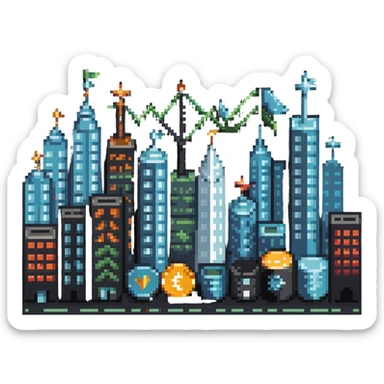 cityscape with economic symbols like upward arrows, coins, and buildings sticker