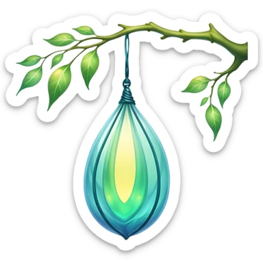 ethereal magical cocoon hanging from a branch, glowing green-blue cocoon, yellow magical aura, translucent, magical symbol, soft curves, gentle green-blue hues sticker