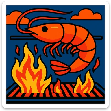 shrimp grilling over flames, playful illustration sticker