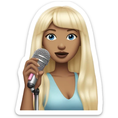 Blonde haired singer with long straight hair and bangs holding a pink microphone and the girl has blue eyes and pink-red lips and a pastel yellow, pastel pink, pastel blue and pastel purple clouds beside her and he has light skin sticker