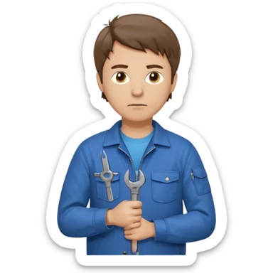 Calm and independent male technician, Caucasian features, short tousled brown hair, serious but composed expression, wearing a blue work jacket over a grey t-shirt, holding a wrench in one hand and a mechanical gear in the other, waist-up, front-facing sticker