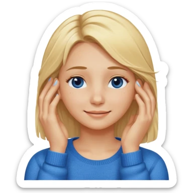 Girl massaging her head with blonde wet hair with anti-dark circles patches in her eyes dressed in a blue sweater with a smile sticker