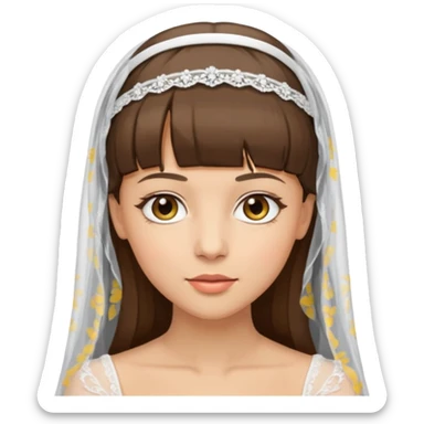 bride emoji with light skin, hazel eyes, brunette straight hair with bangs, wearing a veil sticker