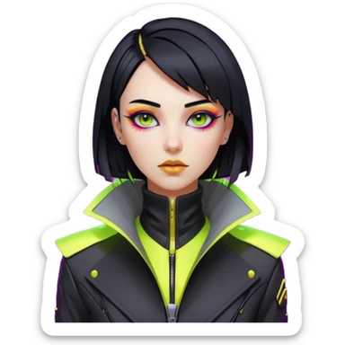 Cyberpunk woman, sleek black bob, gold neck cyberware, sharp eyeliner, high-collar designer jacket, neon lighting sticker