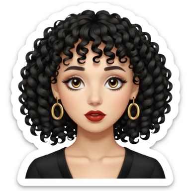 Woman with thick black lose curls and curly bangs, light eyes, fair skin, defined brows, high cheekbones, full lips, septum ring, soft glam makeup, confident expression. sticker