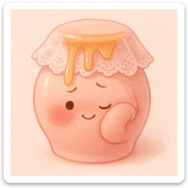 bashful honeypot character, rosy cheeks, lace veil, tiny smile, hiding behind its arm, honey drips softly, blush pink color scheme sticker