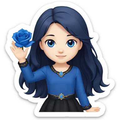 chibi girl with long dark hair, blue rose in hair, blue eyes, black dress, friendly smile, waving sticker