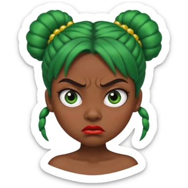Create a 3D cartoon-style girl character with dark skin, round face, angry expression, big wide eyes, and tightly styled double buns made of green beaded hair. The girl should look irritated, eyebrows sharply angled, and lips pressed in a frown. sticker