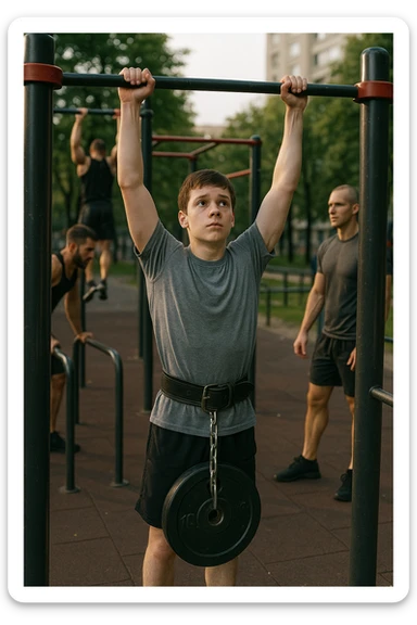 Giovane atleta neofita, fisico normale e non ancora sviluppato, si allena per la prima volta in uno spazio urbano per streetlifting: sbarra per trazioni, parallele, e pesi appesi alla cintura. L’ambiente è un parco cittadino o un’area outdoor sportiva, con luce naturale. L’atleta guarda la sbarra con determinazione e un po’ di insicurezza, ma con forte motivazione. Intorno, altri atleti più esperti. Stile realistico, atmosfera motivazionale, toni energici ma credibili, senso di inizio di un percorso sticker