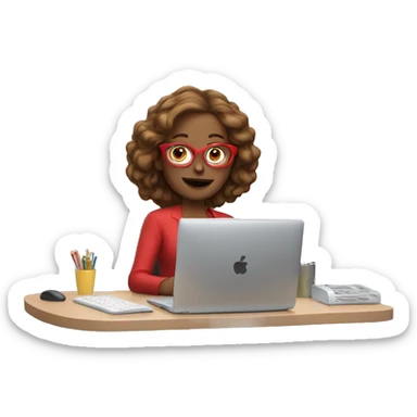 woman waving in front of computer, light brown hair up, red glasses sticker