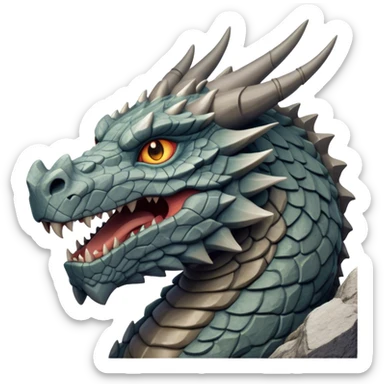 Cinematic Noble Giant Rock Dragon Portrait Emoji, Poised and awe-inspiring, with a massive, rugged form carved from ancient stone, featuring intricately textured scales that resemble weathered granite and basalt, and piercing, stony eyes echoing the strength of timeless mountains; rendered with lifelike detail and earthy natural highlights, high shine, formidable and grounded, styled with an aura of primordial majesty, focused and resolute, soft glowing outline, capturing the essence of an enduring rock titan ready to surge from the screen with ageless power! sticker