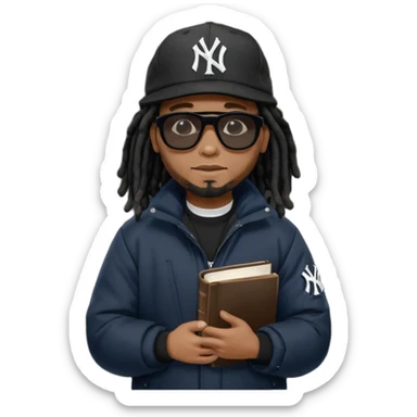 African American man with shoulder length black dreadlocks and black sunglasses wearing a black New York Yankees baseball hat with a North Face brand bubble winter coat holding a bible sticker
