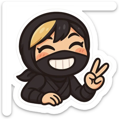 Make the expression even more weird-cute in colorful chibi style: sexy chibi ninja girl with black short hair and a blonde streak, only head and arms, making a peace sign, bold outlines, transparent background, no mask, eyes closed with a big toothy grin, sized for Twitch emoji use. sticker