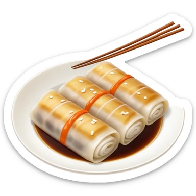 Guangzhou rice noodle roll Cheung Fun with soy sauce, simplified emoji style with bold outlines and bright colors, cartoon style dim sum specialty sticker