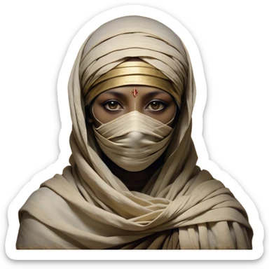 Regal and timeless, fully wrapped in meticulously aged bandages, even its face veiled in layers of ancient cloth with only faint glimpses of deep, solemn eyes peering through, adorned with faded gold accents, exuding an air of forgotten majesty and solemn duty, highly detailed, softly glowing, evoking the dignified mystery of an eternal guardian watching over lost secrets! sticker