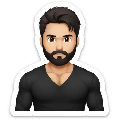 generate a pretty bratz Shahid kapoor with heavy beard and looking angry.
Make him wear a black full sleeve v neck tshirt. muscular but still lean
He shoudl look exactly like Shahid kapoor. Long messy black hair sticker
