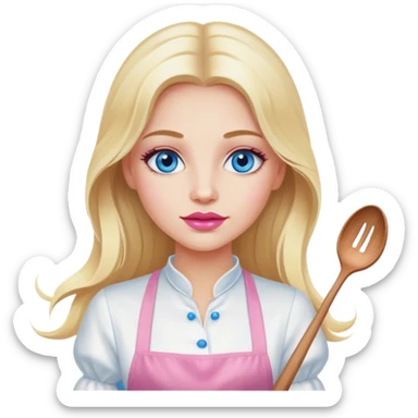 Cinematic realistic beautiful blonde with long hair, blue eyes and pink lips in a white dress cooks sticker