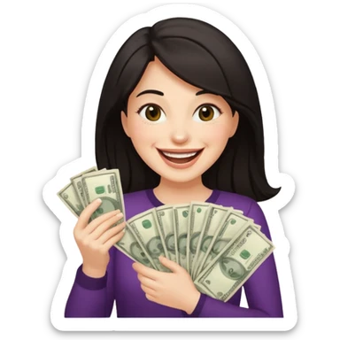 laughing dark haired woman holding lots of money sticker