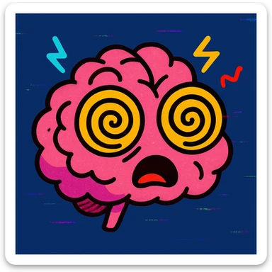 cartoon brain with spirals in the eyes, looking dazed or overwhelmed, subtle glitch or static effects, brainrot concept sticker