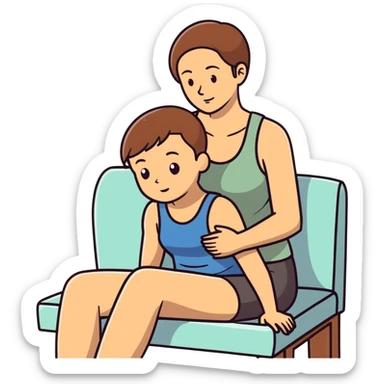Caucasian woman with brown hair big boobs wearing a tank top sitting on bald man lap sticker