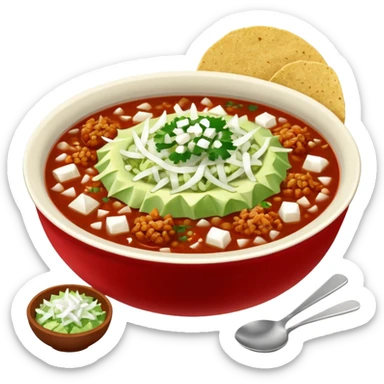 A delicious hot bowl of pozole rojo with separate sides: white chopped onions, green shredded cabbage, lime wedges, red chile de arbol salsa, and tostadas sticker