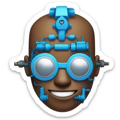 Brown cyborg head with blue Mohawk, blue beard, silver steampunk monocle goggles a smile and circuits sticker