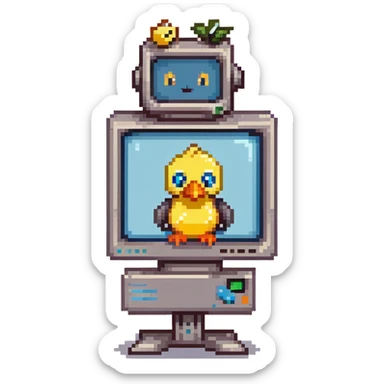 retro pixel art, vibrant colors, futuristic CRT monitor computer character, smiling face, robot arms, with cute yellow duck with big eyes, orange beak, fluffy feathers, blue bowtie, pixel gradient sky, clouds, warm, cheerful, clean lines, isometric or side view sticker