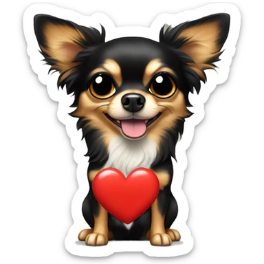 black and tan long-haired chihuahua holding big read heart sticker