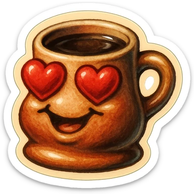 Ink wash style, coffee cup creature, big heart eyes, dopey smile sticker