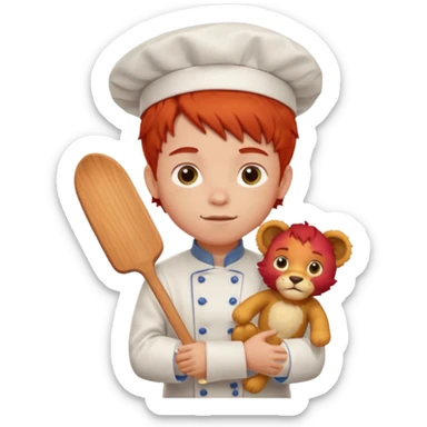 boy kid italian chef, red haired, uniform, holding plush lion sticker