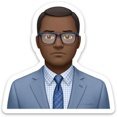 Larger 50-year-old man with extremely wide square face and prominent jawline. Full head of short straight dark hair with some gray, combed neatly to the side. Large dark square-framed glasses. Serious expression. Wearing a light gray blazer over a white button-up shirt with blue checkered pattern. sticker