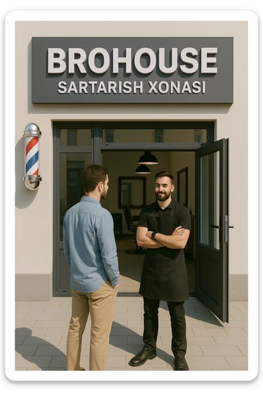 eni shu rasimga boyagi sartaosh oka eshik oldida tursin va tashqarida esa mijoz sticker