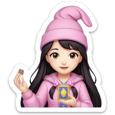 pixel art chibi asian girl with dark long hair in pink bunny hat magical girl with kawaii tarot cards thrown in air pixel emoji sticker