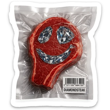 meat steak with sparkling diamond facets, glossy and puffy, vacuum-sealed style sticker