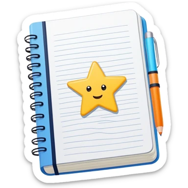 Create an emoji representing fanfiction writing. The design should feature an open notebook or digital device with visible text, symbolizing the creative process of writing fanfiction. Add a subtle reference to popular fictional characters or universes (like a small star, heart, or magical item) to indicate the fan aspect. Use a playful, imaginative color palette, blending vibrant tones with soft neutrals. Do not include any emojis or smiley faces. Make the background transparent. sticker