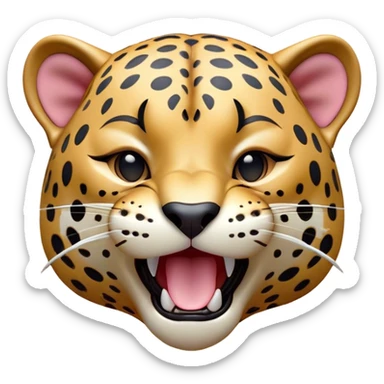 Cinematic Cute Yawning Jaguar Portrait Emoji, Head tilted slightly with a dramatic, wide-open yawn, showcasing a lithe, graceful build with distinctive rosette patterns and sleepy, half-closed eyes, Simplified yet irresistibly adorable features, highly detailed, glowing with a soft, cozy wild glow, high shine, relaxed yet expressive, stylized with a dash of whimsical feline charm, soft glowing outline, capturing the essence of a drowsy yet affectionate guardian that appears ready to stretch out for a nap! sticker