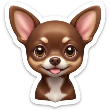 Cinematic Cute Chocolate Short Haired Chihuahua Portrait Emoji, Head tilted playfully and inquisitively, smooth chocolate fur with a lustrous sheen, round, sparkling dark eyes filled with curiosity, Simplified yet irresistibly adorable features, highly detailed, glowing with a warm, friendly glow, high shine, affectionate and lively, stylized with a touch of whimsy, bright and endearing, soft glowing outline, capturing the essence of a mischievous yet loving pup, so playful it feels like it could bound out of the screen and into your arms! sticker