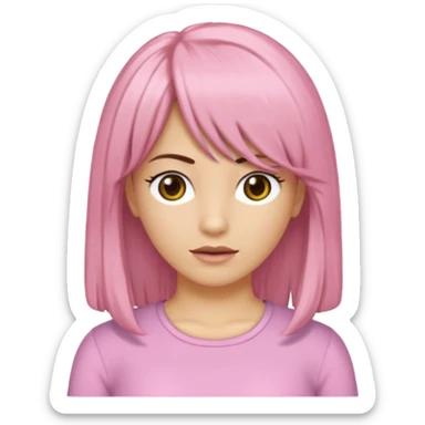 Uma garota de cabelos castanhos escovados médios, side bangs jogada para a direita, uma blusa branca estilo anos 2000 com detalhes em renda óculos com armação douradas e lábios rosados sticker