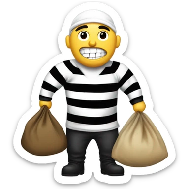 A robber with a black and white shirt with a bag full of money sticker