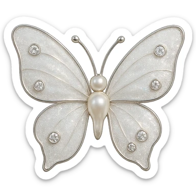 single pearl white butterfly, shimmering white enamel, sparkling gems, transparent background sticker