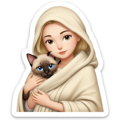 A beautiful and sexy Caucasian girl wrapped in a blanket hugging a Siamese cat sticker