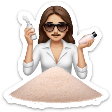 White woman with brown hair posing as salt bae with sunglasses sprinkling salt on top of a pile of makeup sticker
