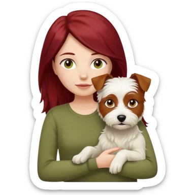 white terrier dog being held by woman with dark red long hair and hazel eye wearing olive green top sticker