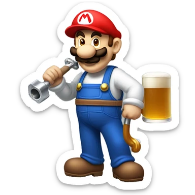 Mario plumber drinking beer with a shirt that says “HOPE” with a pipe wrench logo sticker